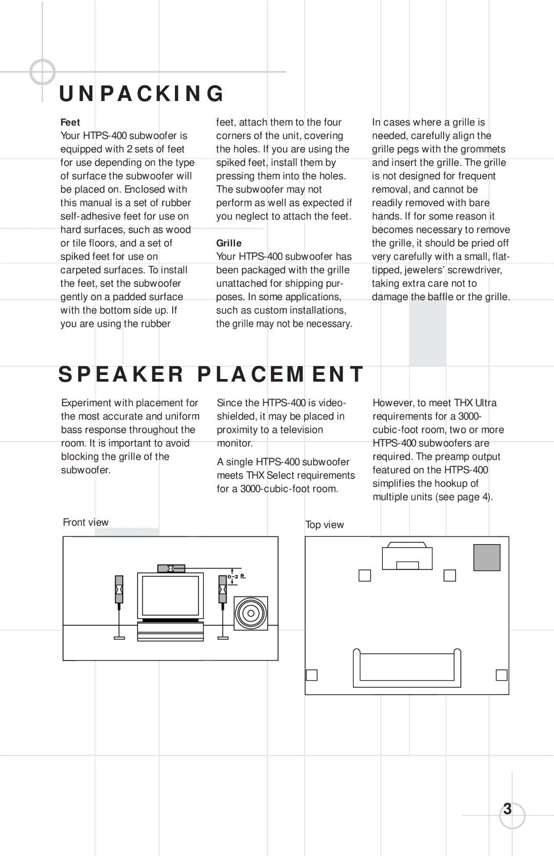 JBL HTPS-400 manual P a C K I N G, Feet, Grille 