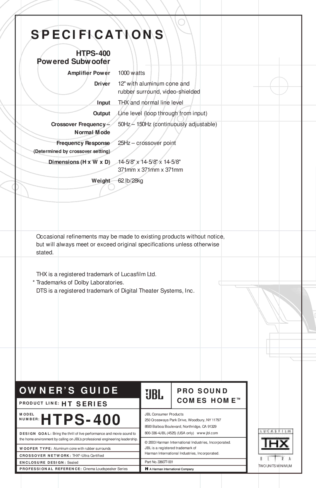 JBL HTPS-400 manual Specification S 