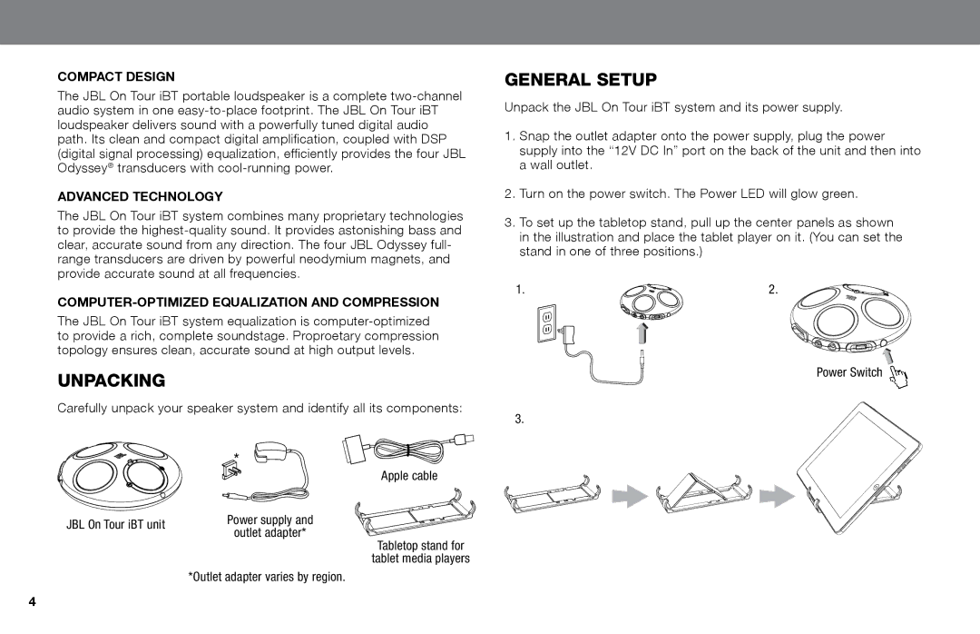 JBL IBT Unpacking, General Setup, Compact Design, Advanced Technology, Computer-Optimized Equalization and Compression 