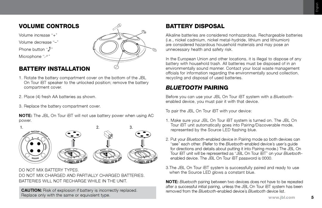 JBL IBT owner manual Volume Controls, Battery Installation, Battery Disposal 