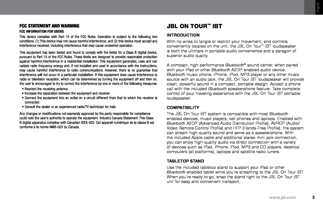 JBL IBT owner manual fcc statement and WarninG, Introduction, Compatibility, Tabletop Stand 