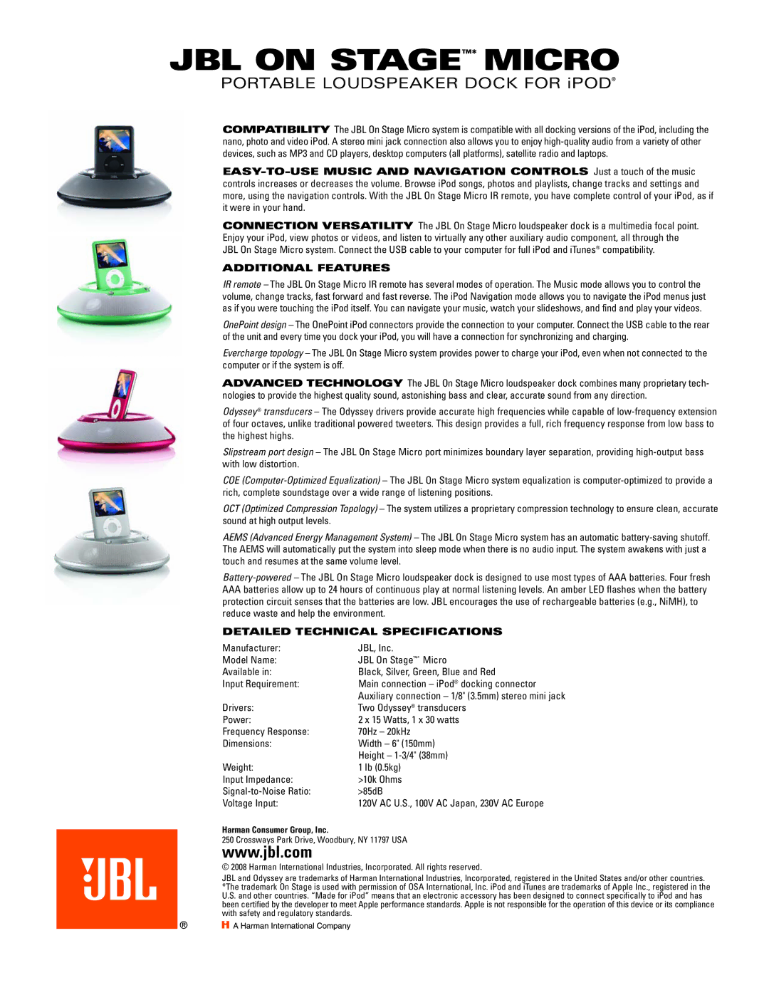 JBL IIIP manual Additional Features, Detailed Technical Specifications, Harman Consumer Group, Inc 