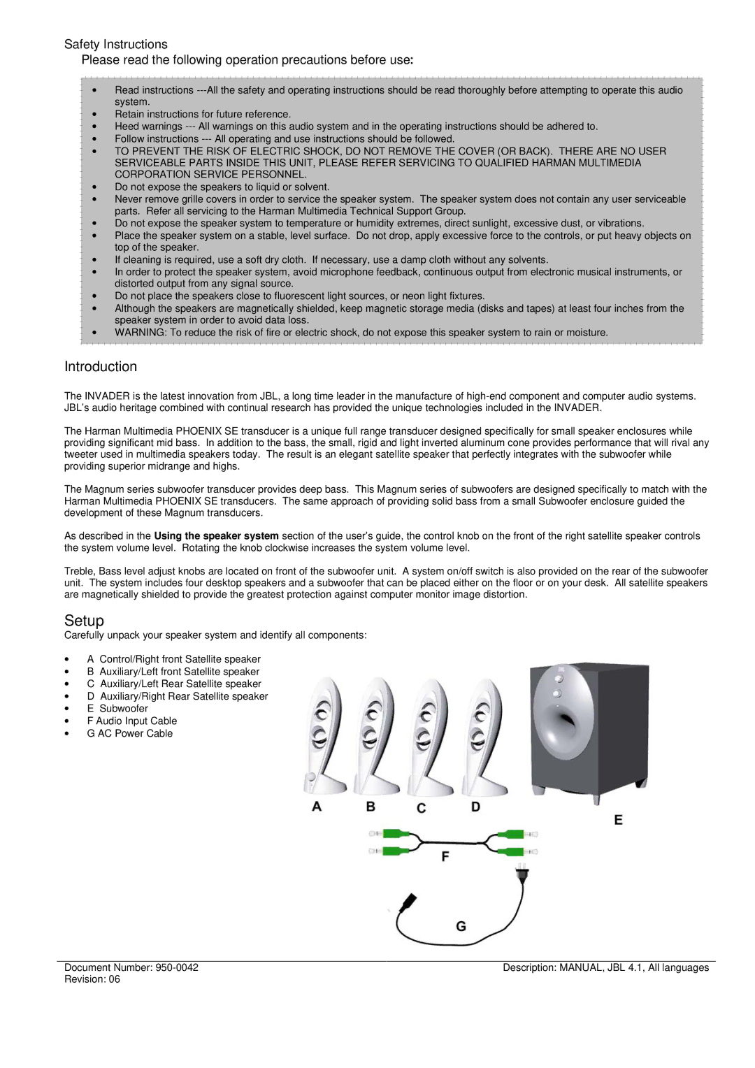 JBL INVADER manual Setup 