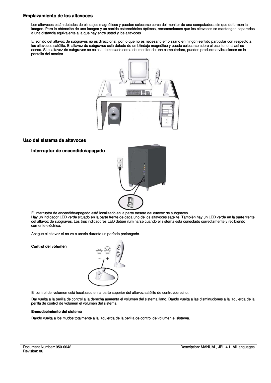 JBL INVADER manual Emplazamiento de los altavoces, Uso del sistema de altavoces, Interruptor de encendido/apagado 