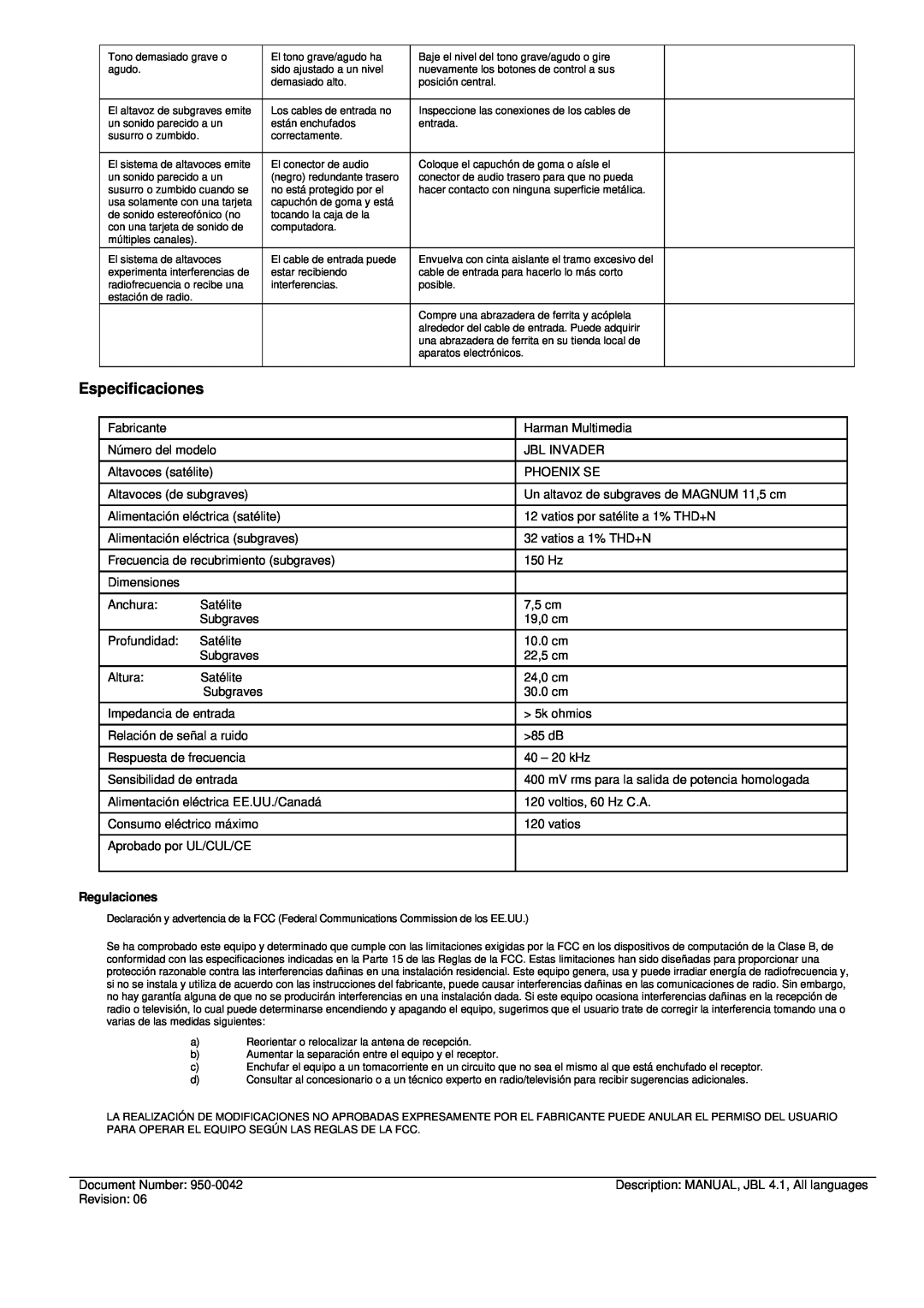 JBL INVADER manual Especificaciones, Regulaciones 