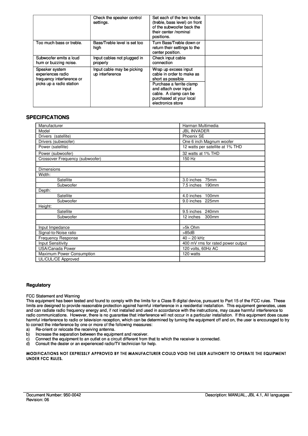 JBL INVADER manual Specifications, Regulatory 