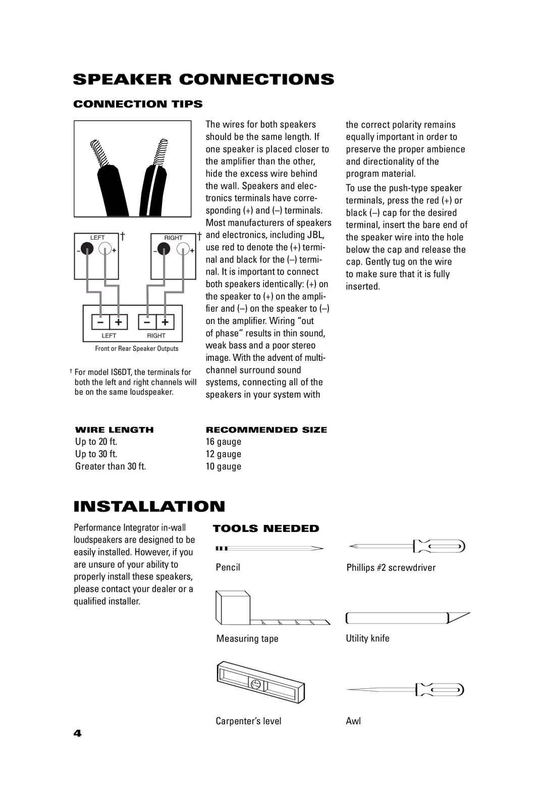 JBL IS8C, IS5, IS6C, IS6DT manual Speaker Connections, Installation, Connection Tips, Tools Needed 