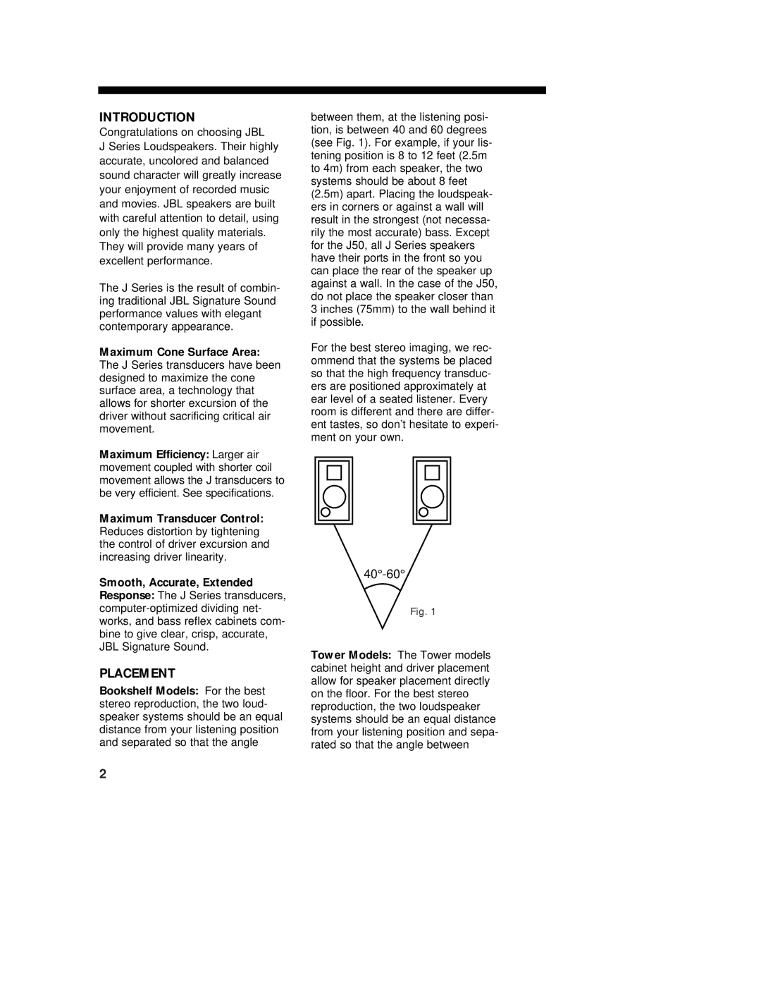 JBL j50 owner manual Introduction, Placement 