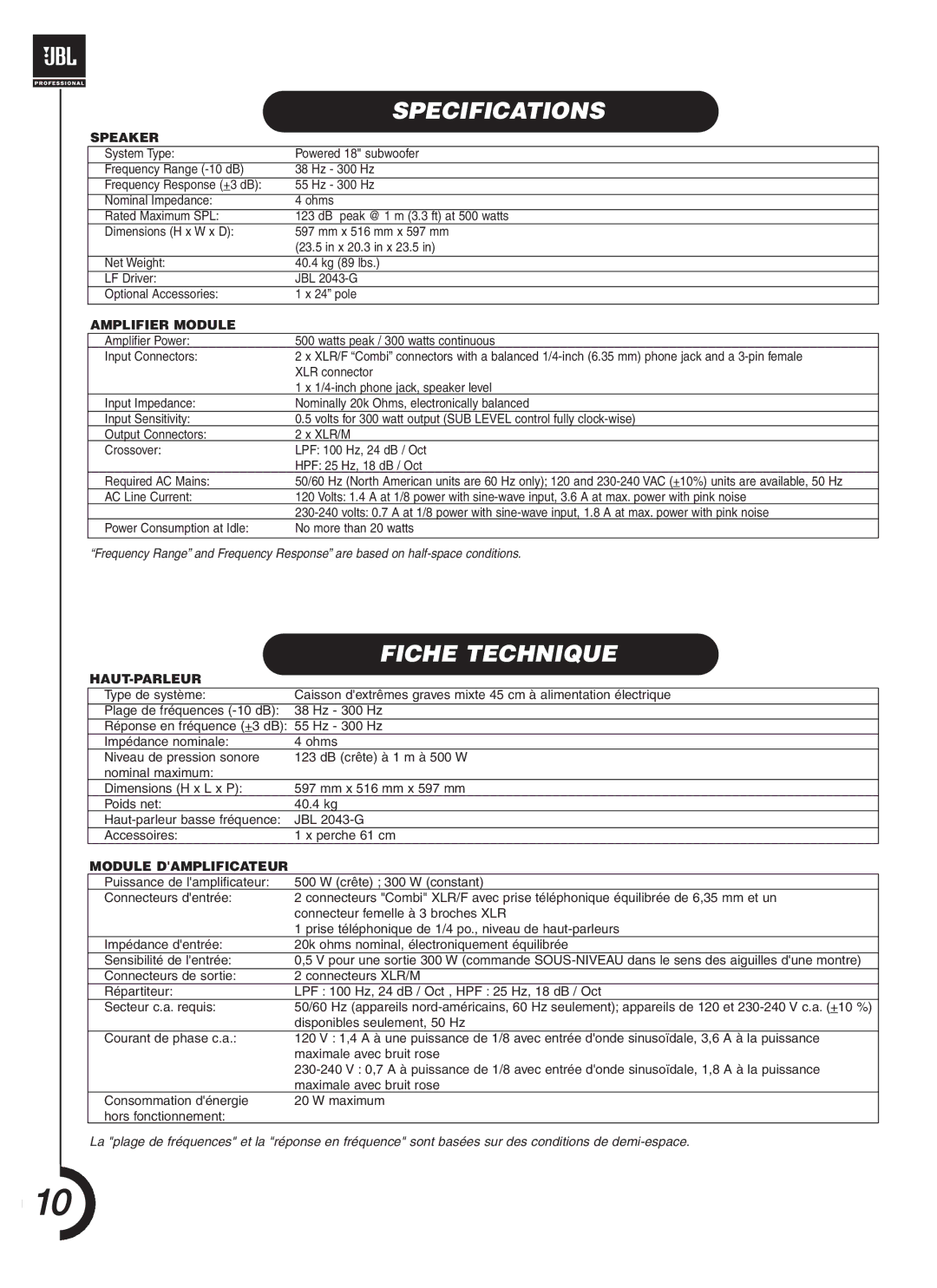 JBL JRX118SP manual Specifications, Fiche Technique 