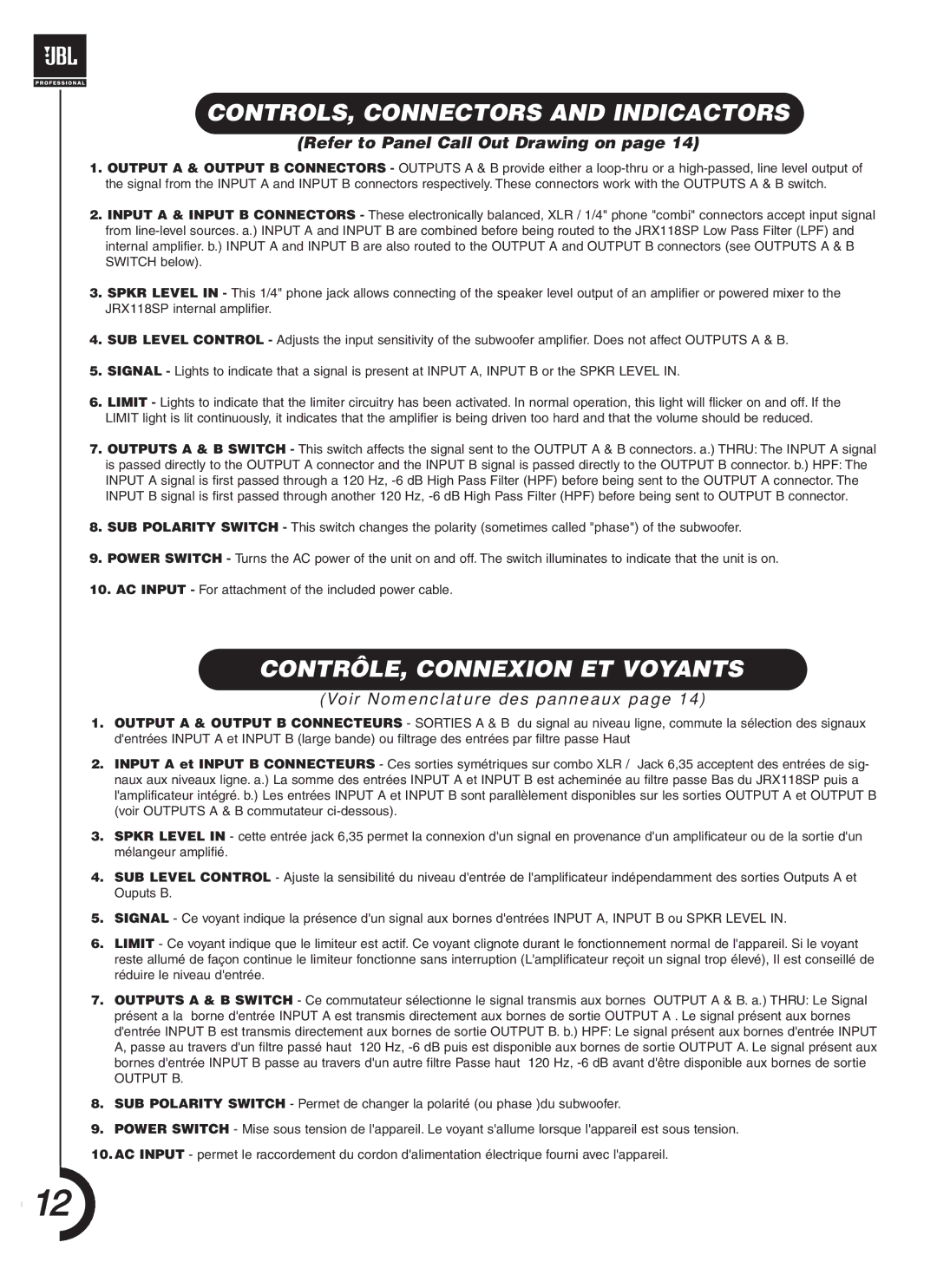 JBL JRX118SP CONTROLS, Connectors and Indicactors, CONTRÔLE, Connexion ET Voyants, Refer to Panel Call Out Drawing on 