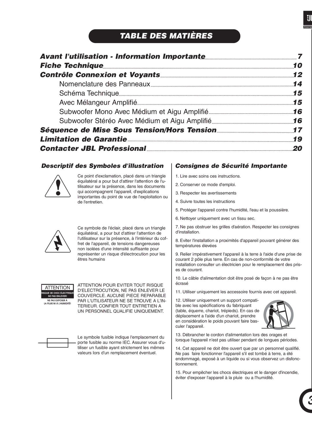 JBL JRX118SP manual Table DES Matières 