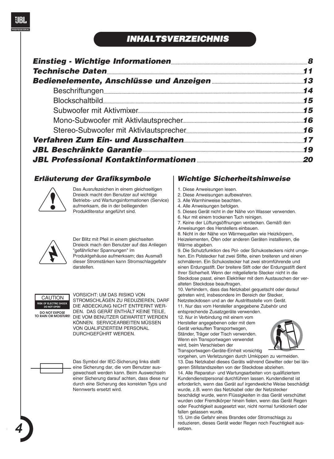 JBL JRX118SP manual Inhaltsverzeichnis, Erläuterung der Grafiksymbole Wichtige Sicherheitshinweise 