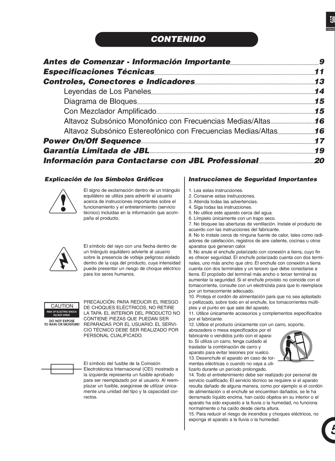 JBL JRX118SP manual Contenido 