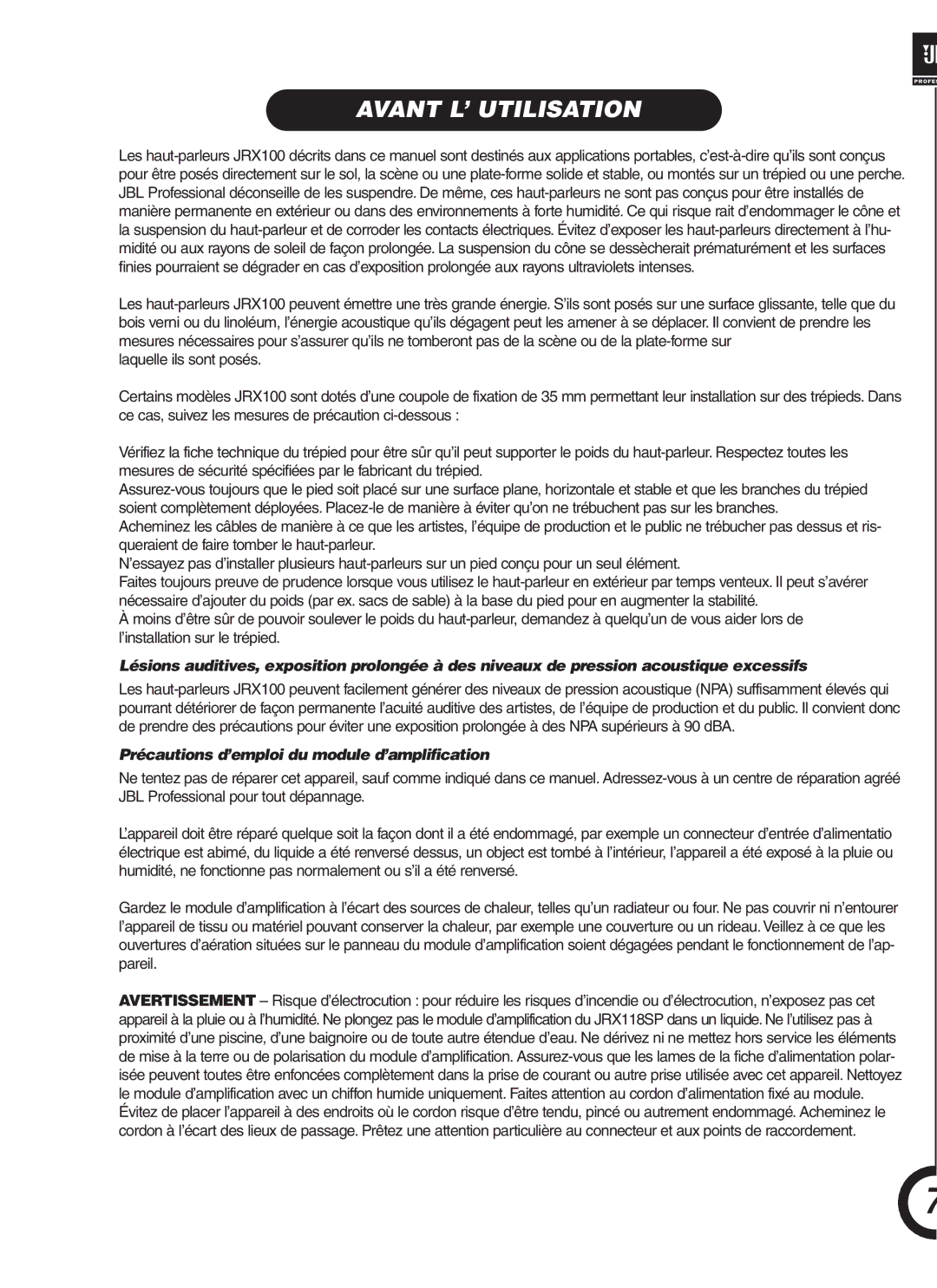 JBL JRX118SP manual Avant L’ Utilisation, Précautions d’emploi du module d’amplification 