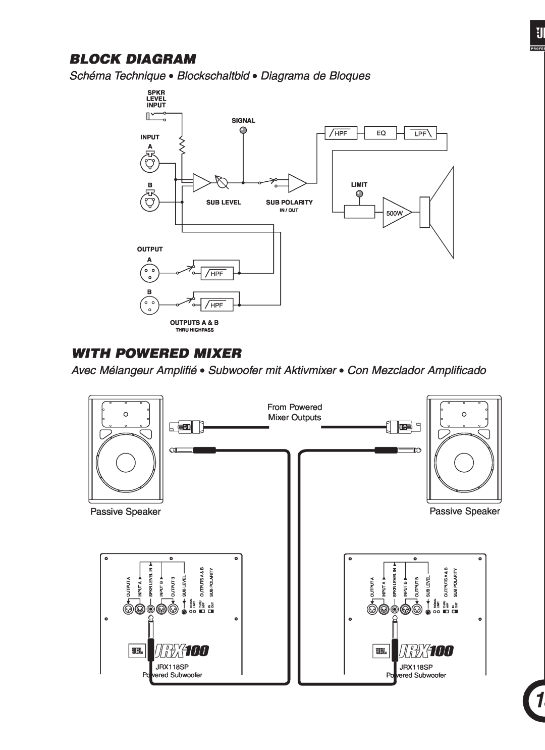 JBL JRX118SP manual Block Diagram, With Powered Mixer, Passive Speaker 