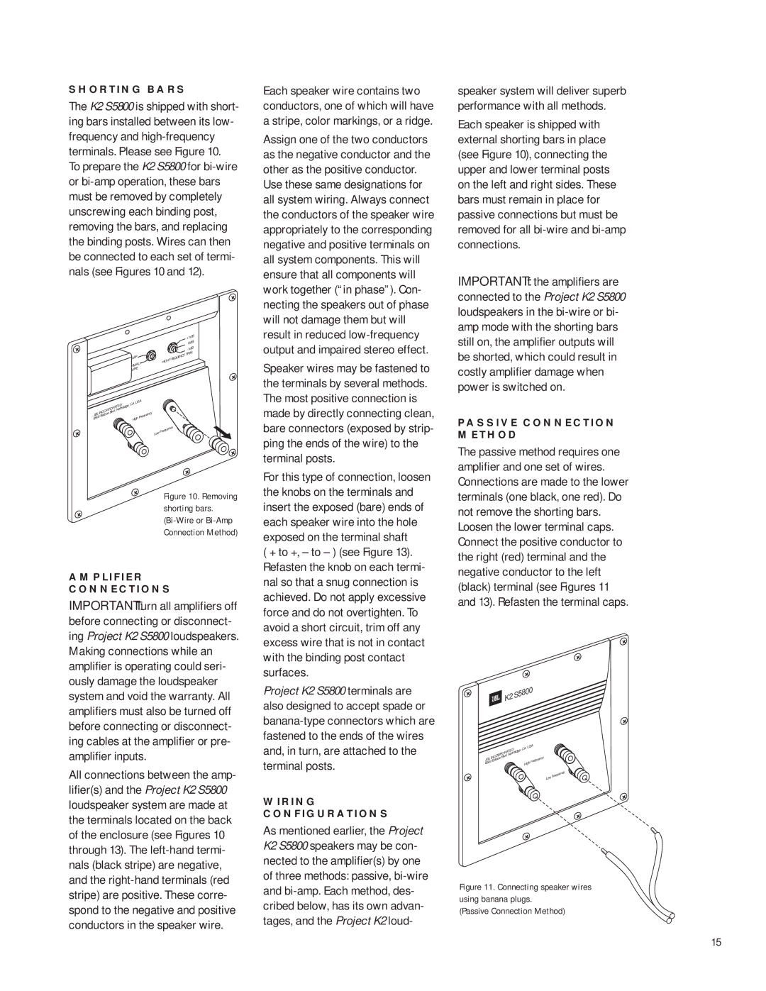 JBL K2 S5800 manual Shorting Bars, Amplifier Connections, Wiring Configurations, Passive Connection Method 