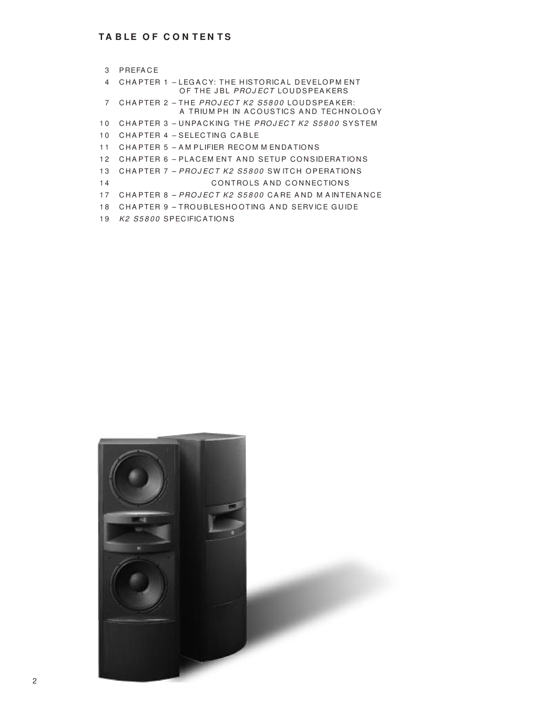 JBL K2 S5800 manual Table of Contents 