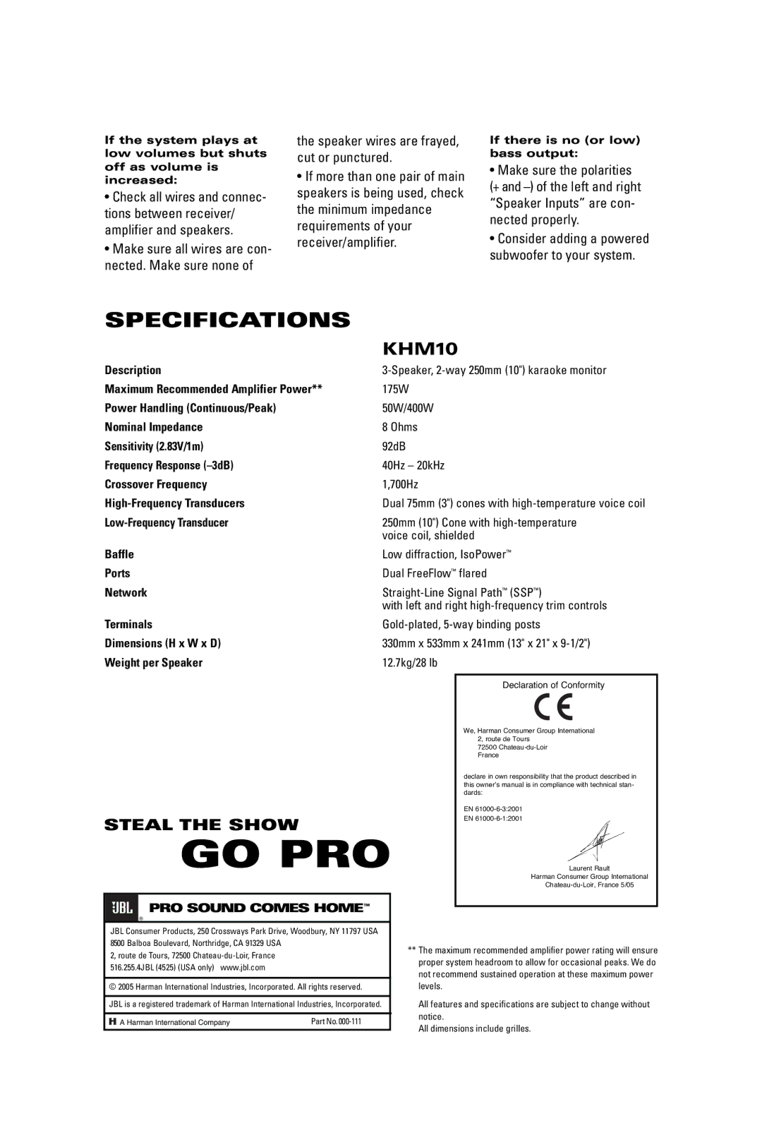 JBL KHM10 manual Specifications 