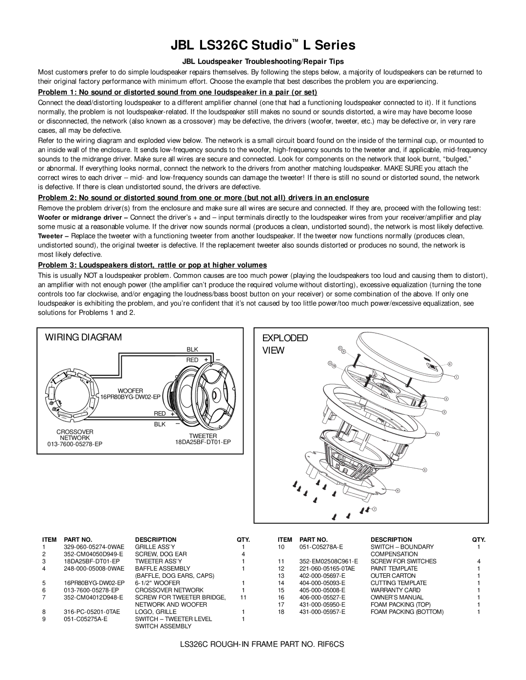 JBL warranty JBL LS326C Studio L Series, Wiring Diagram, View, JBL Loudspeaker Troubleshooting/Repair Tips 