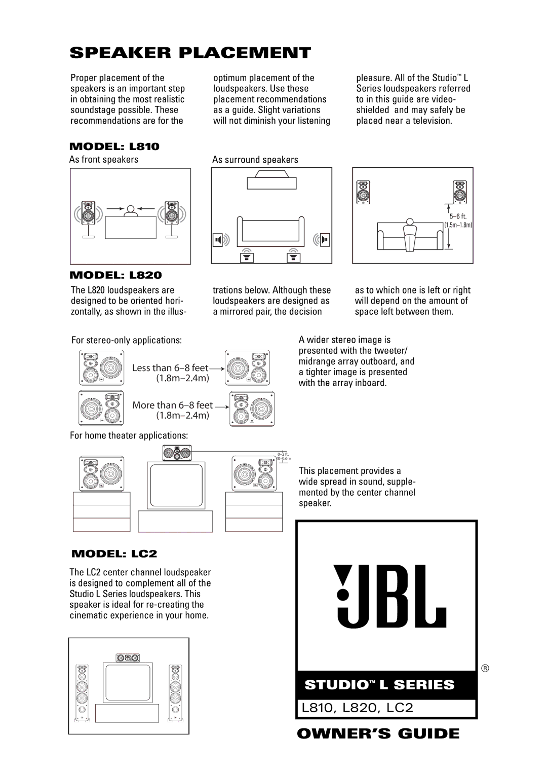 JBL manual Speaker Placement, Model L810, Model L820, Model LC2 