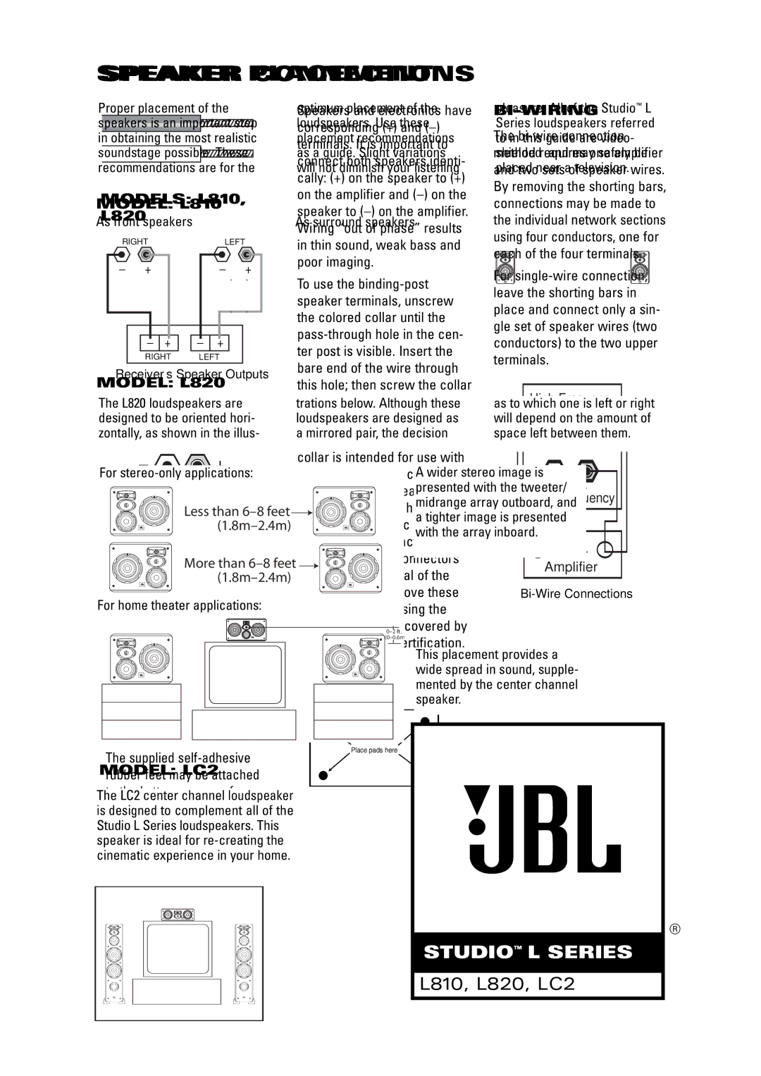 JBL manual Speaker Connections, Speaker Setup, Bi-Wiring, Models L810 