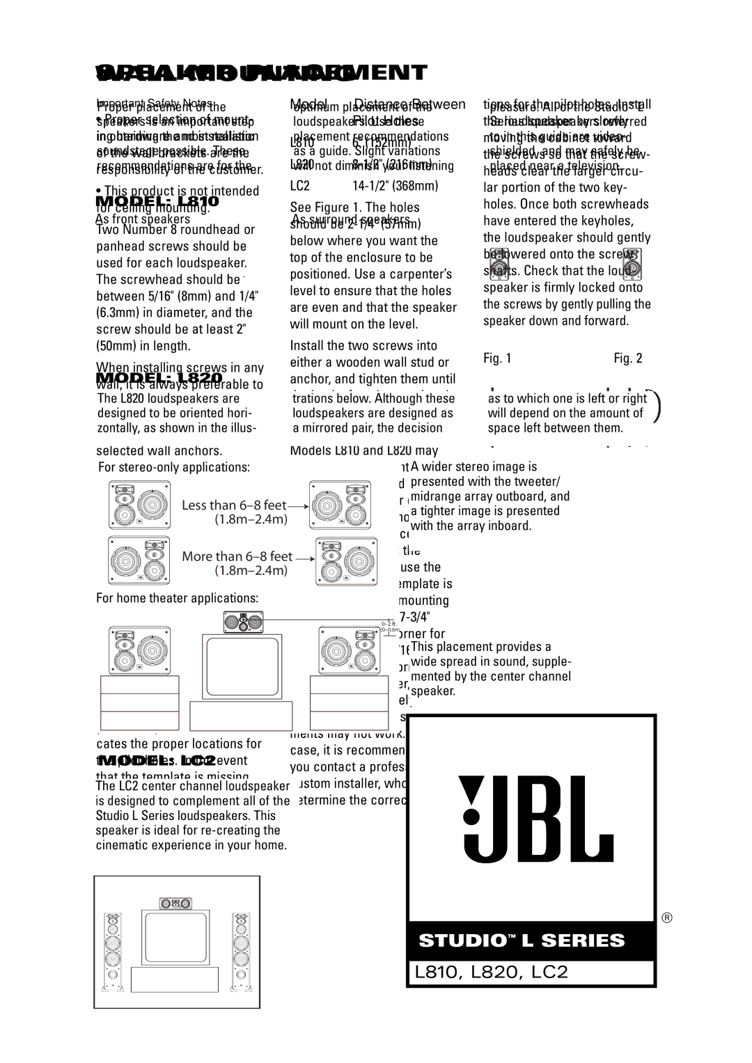 JBL manual Wall-Mounting, Model, Pilot Holes, L810 152mm L820 2 216mm, 14-1/2 368mm 