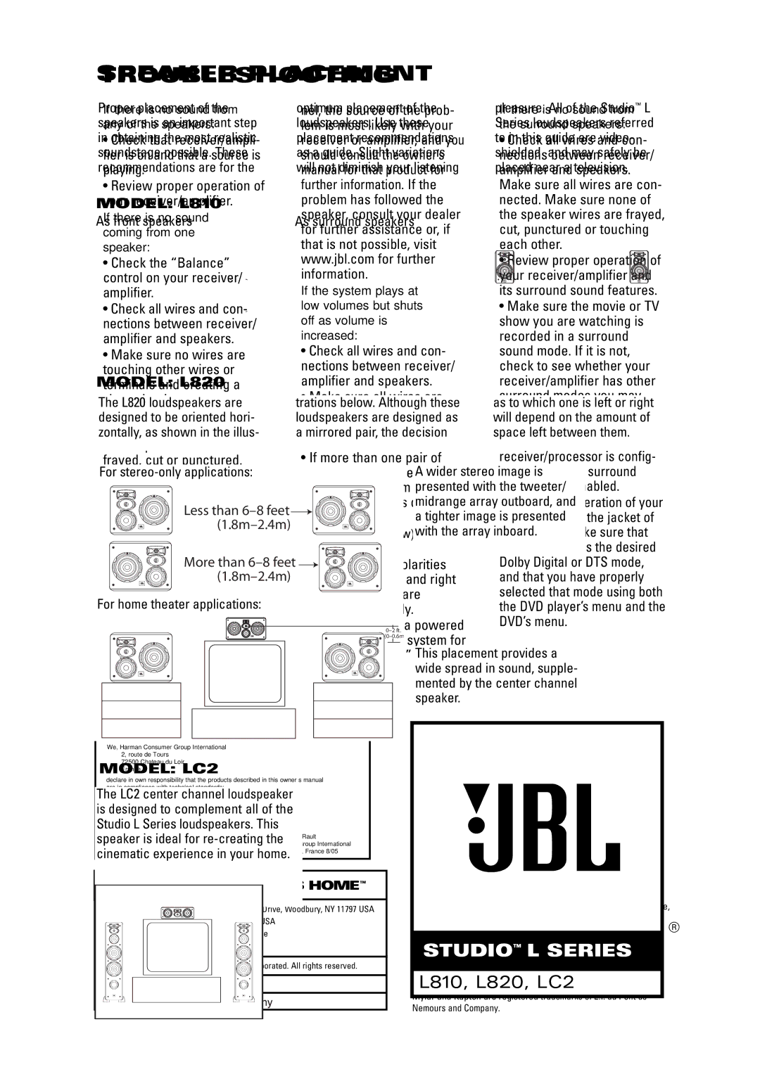 JBL L810 manual Troubleshooting, Review proper operation of your receiver/amplifier, PRO Sound Comes Home 