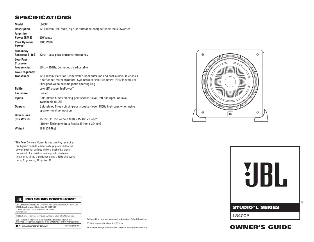 JBL L8400P specifications Specifications 