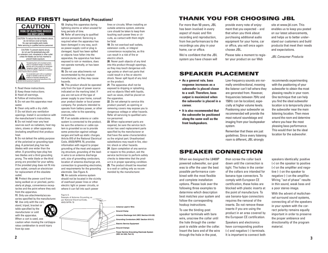 JBL L8400P specifications Thank YOU for Choosing JBL, Speaker Placement, Speaker Connection 