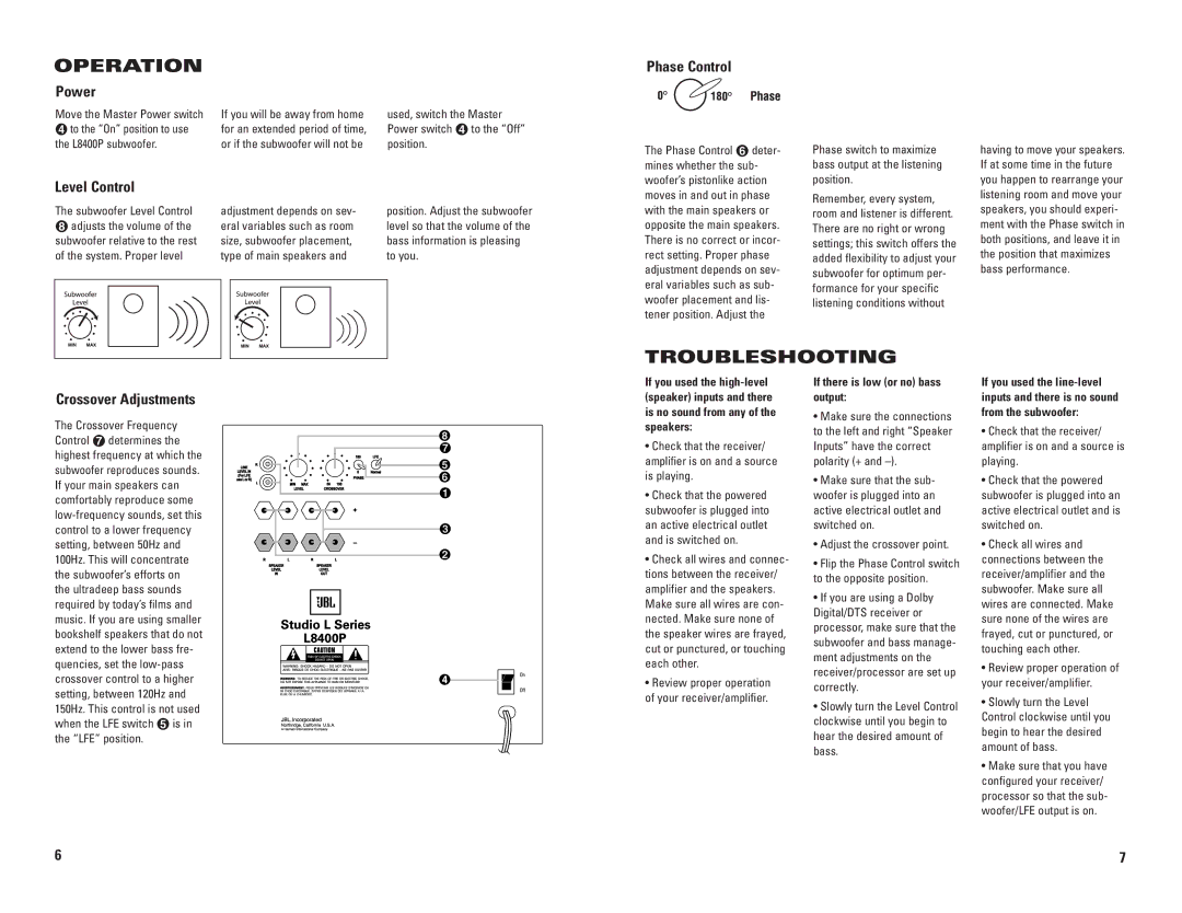 JBL L8400P specifications Operation, Troubleshooting, If there is low or no bass output 