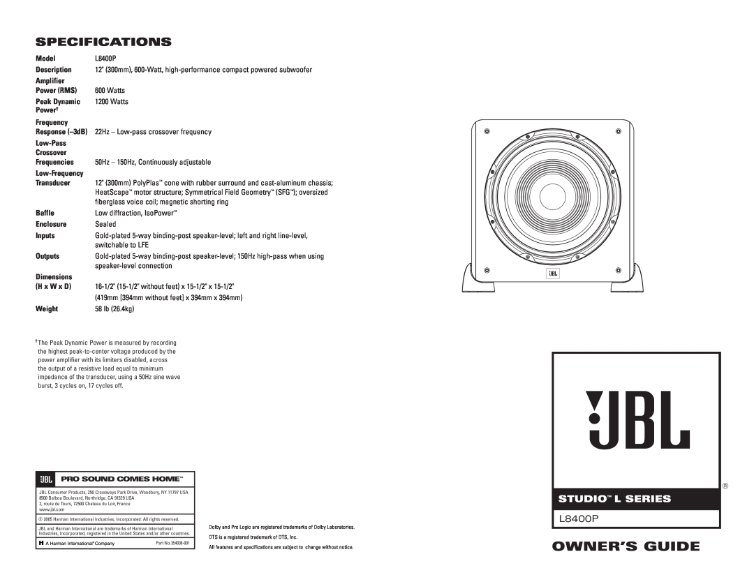 JBL L8400P specifications Specifications, Owner’S Guide, Studio L Series 