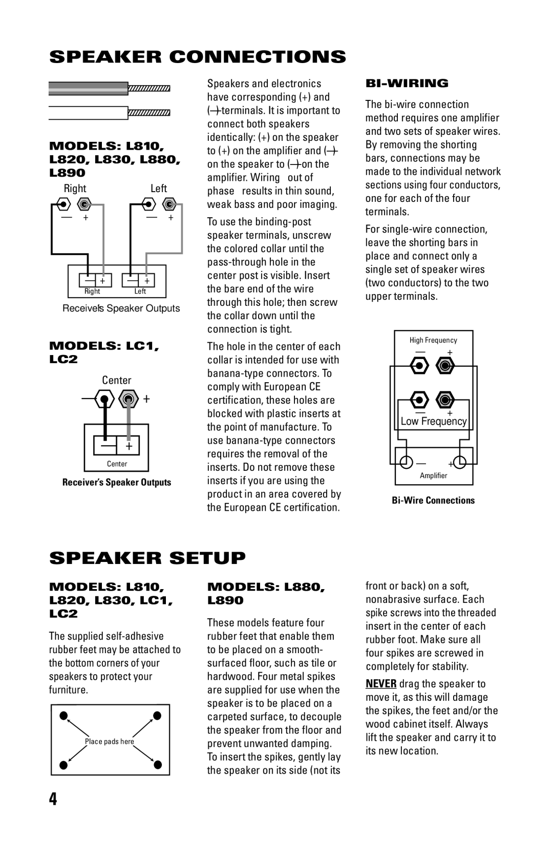 JBL L830, L890, LC1, L810, L880 manual Speaker Connections, Speaker Setup, Bi-Wiring 