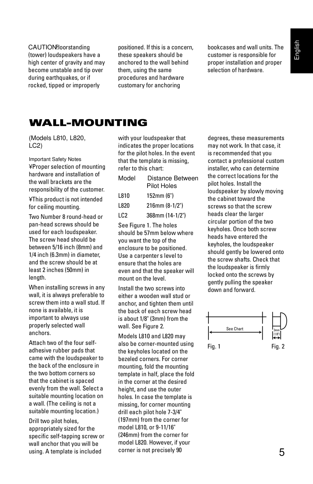 JBL L890, LC1, L880, L830 manual Wall-Mounting, Models L810, L820, LC2, Pilot Holes 