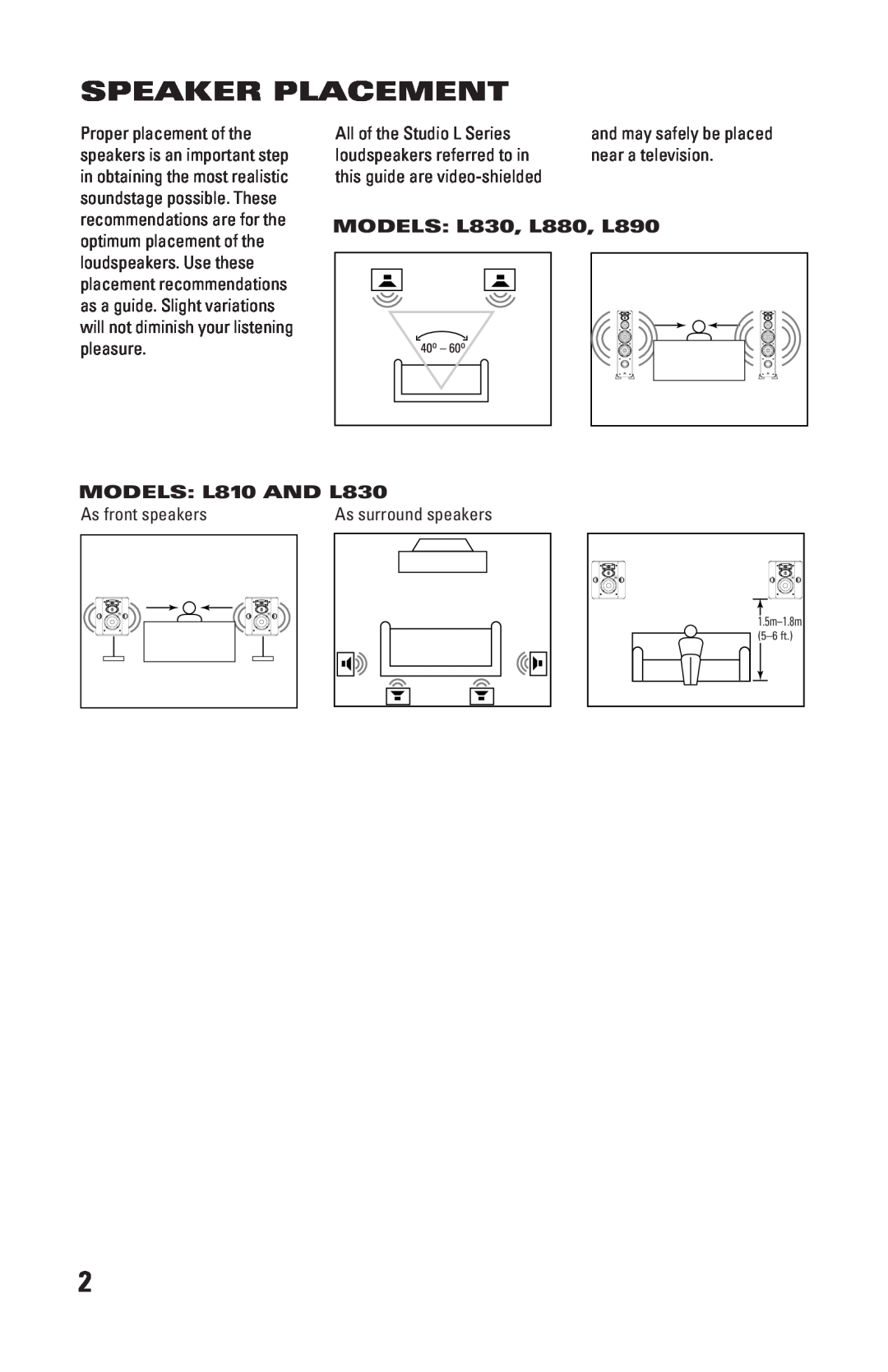 JBL LC1 manual Speaker Placement, MODELS L830, L880, L890, MODELS L810 AND L830 