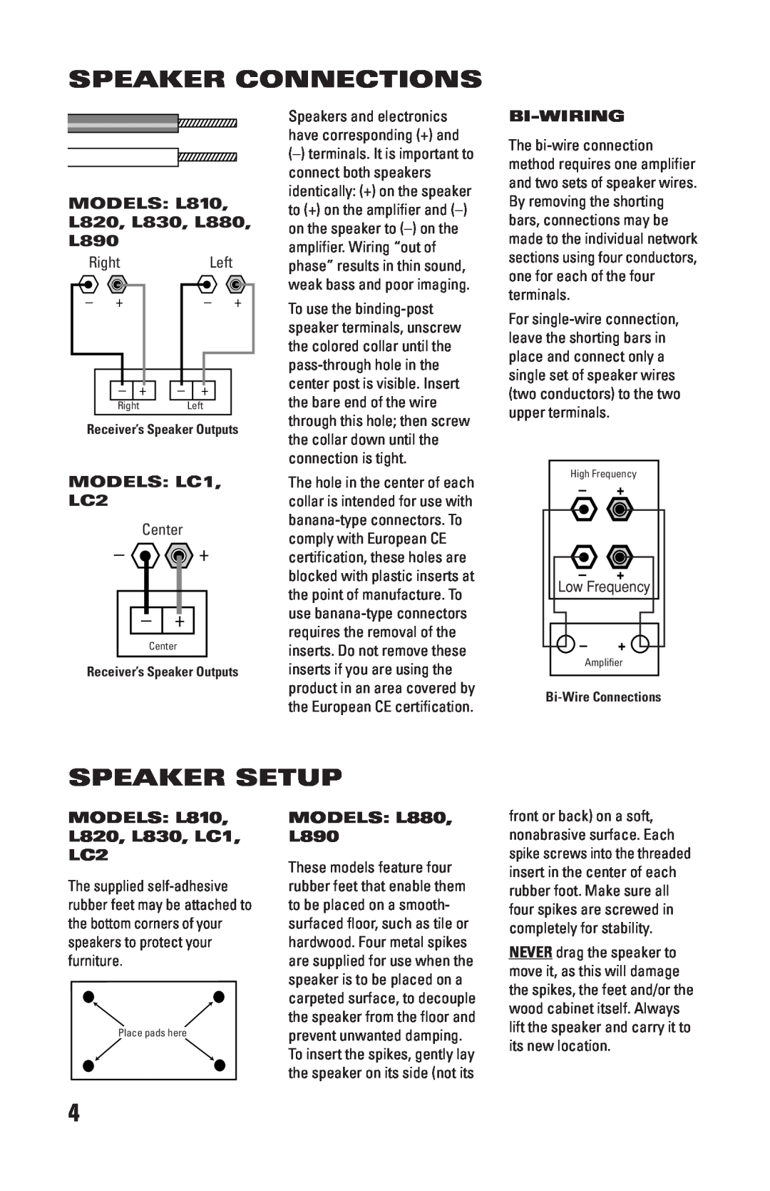 JBL LC1 manual Speaker Connections, Speaker Setup, MODELS L810, L820, L830, L880, L890, Bi-Wiring, MODELS L880, L890 
