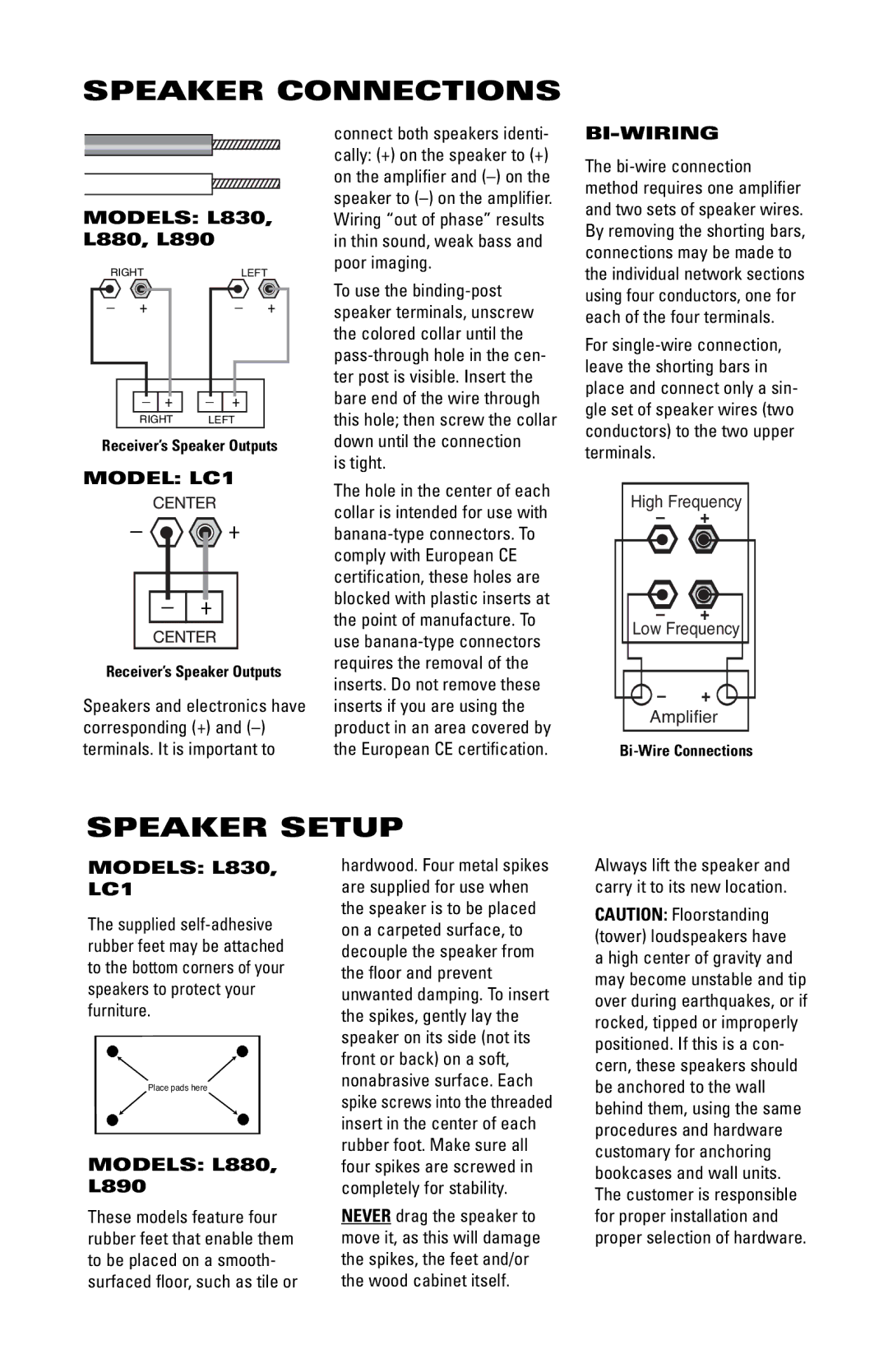 JBL L880, L890 manual Speaker Connections, Speaker Setup, Is tight, Bi-Wiring, Models L830, LC1 