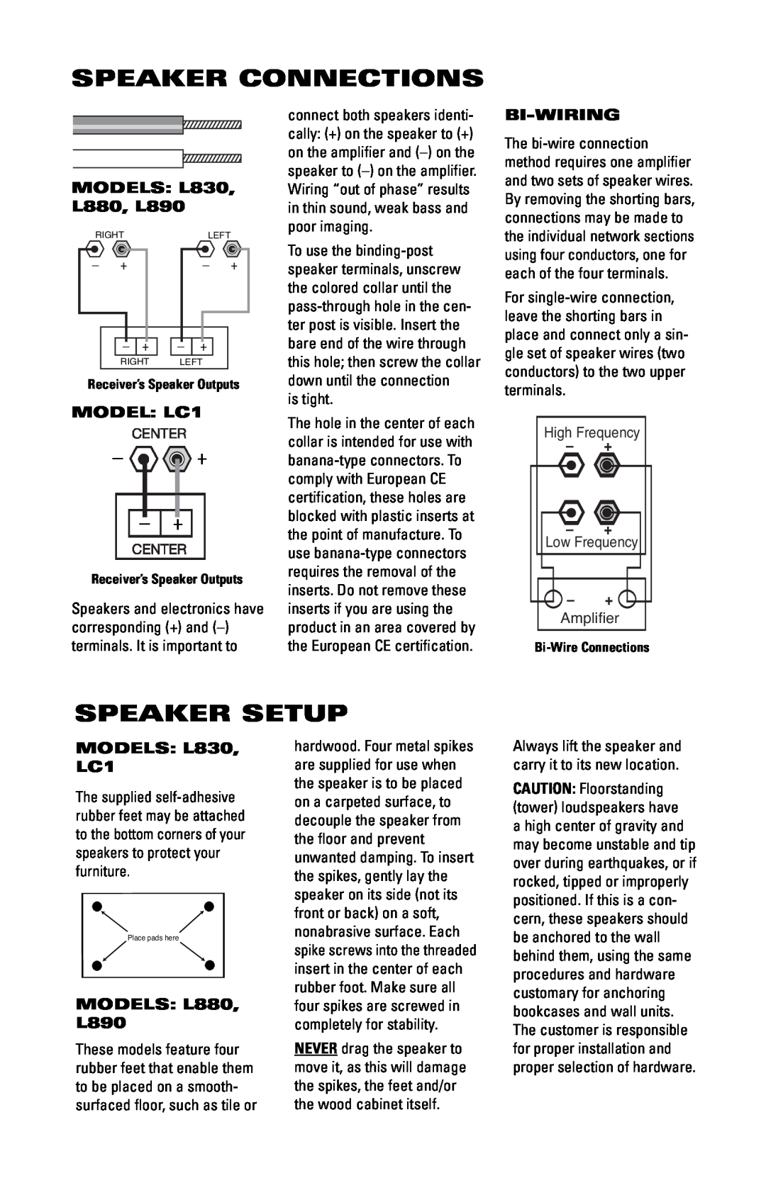 JBL manual Speaker Connections, Speaker Setup, MODELS L830, L880, L890, Bi-Wiring, MODELS L830, LC1, + -+, MODEL LC1 