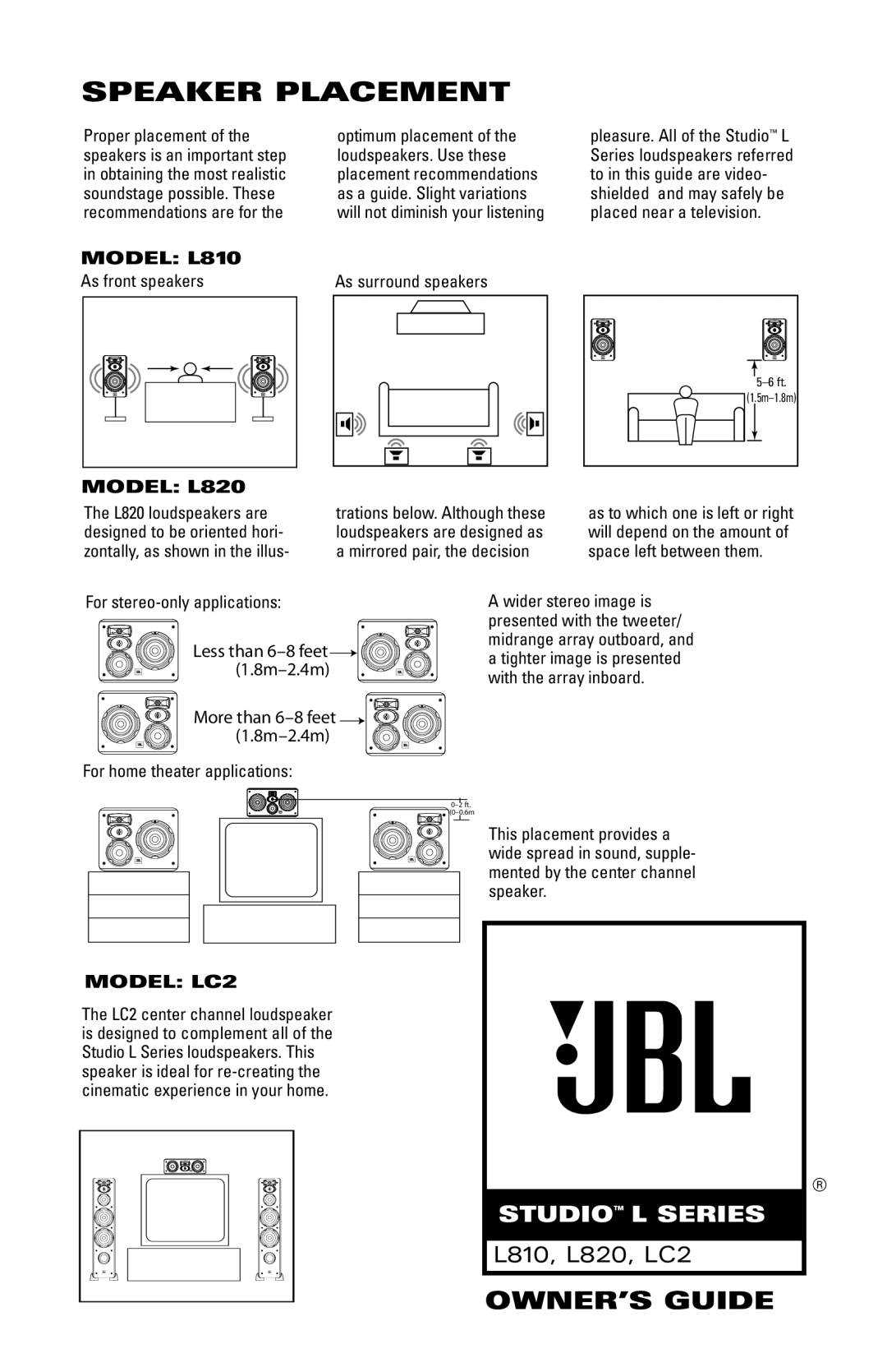 JBL manual Speaker Placement, Model L810, Model L820, Model LC2 