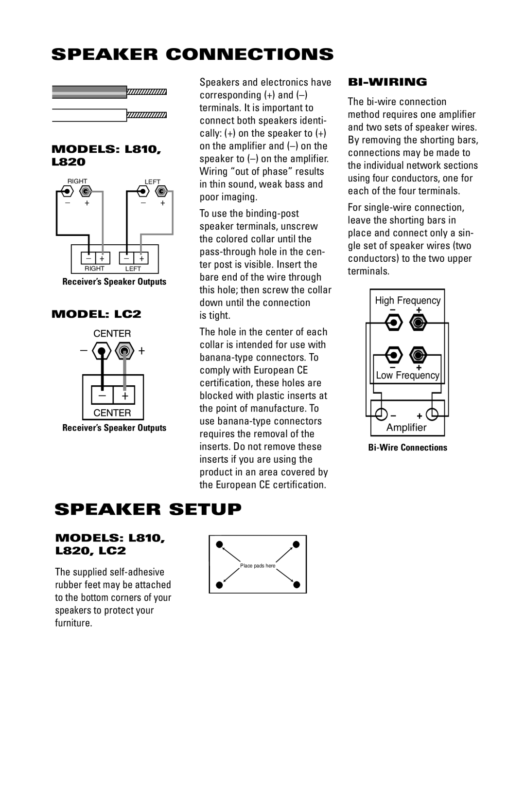 JBL LC2, L820 manual Speaker Connections, Speaker Setup, Bi-Wiring, Models L810 