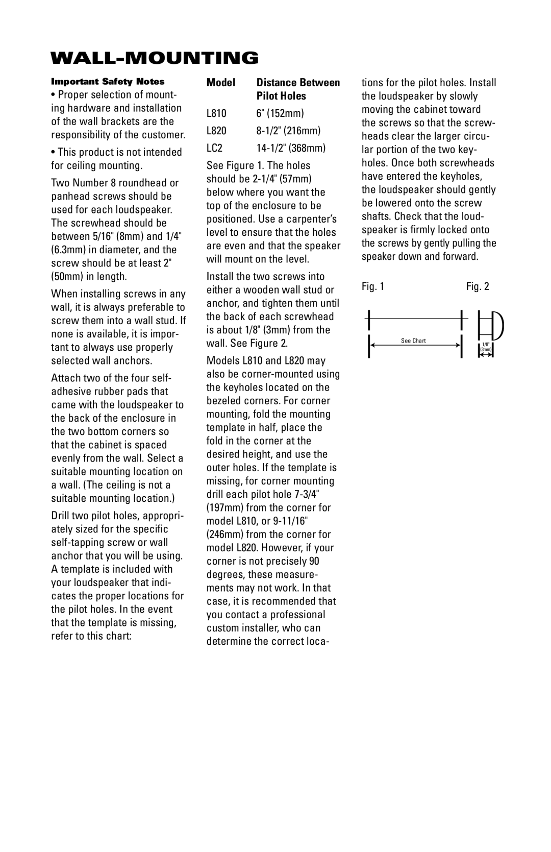 JBL LC2 manual Wall-Mounting, Model, Pilot Holes, L810 152mm L820 2 216mm, 14-1/2 368mm 