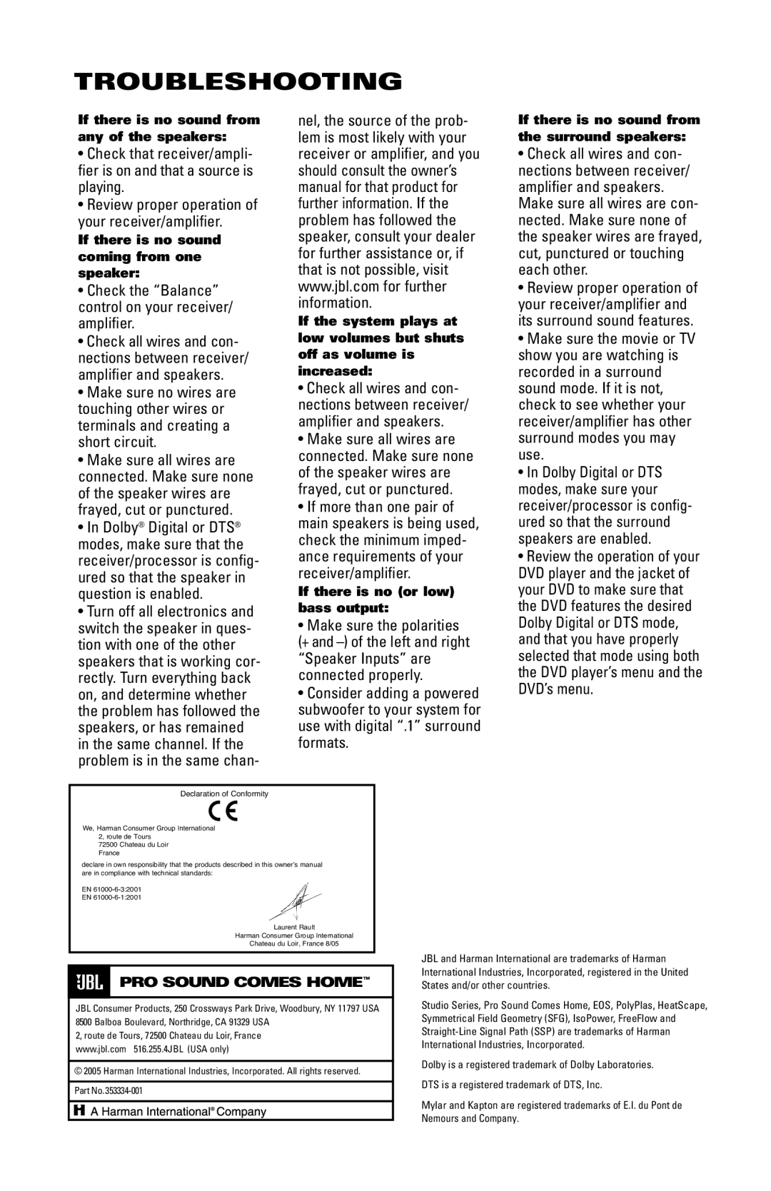 JBL L820, LC2 manual Troubleshooting, Check the Balance control on your receiver/ amplifier 