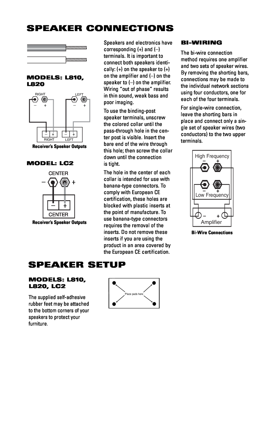 JBL Speaker Connections, Speaker Setup, MODELS L810, L820, Bi-Wiring, MODELS L810 L820, LC2, + -+, MODEL LC2, Amplifier 