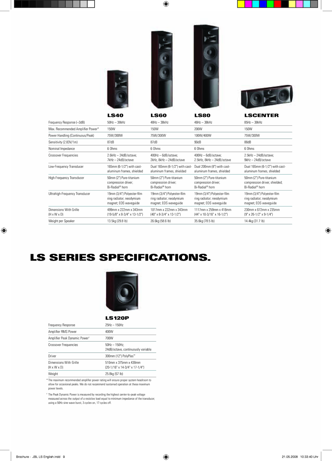 JBL brochure LS Series Specifications, Lscenter 