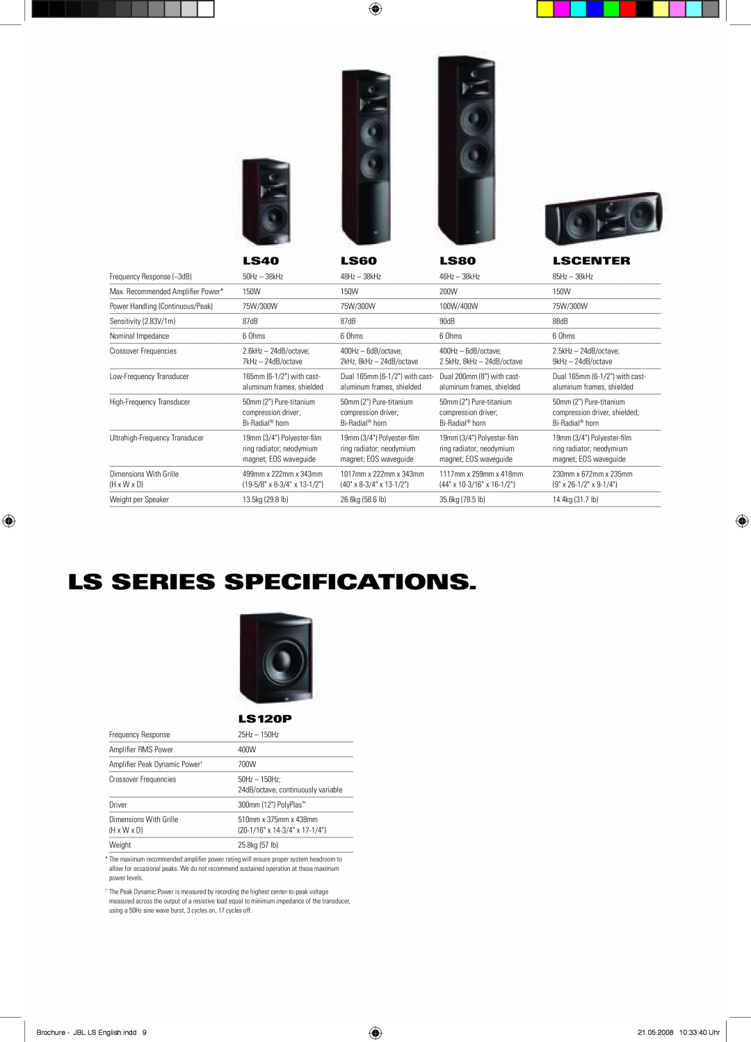 JBL LS Series brochure Ls Series Specifications, LS40, LS60, LS80, Lscenter, LS120P 