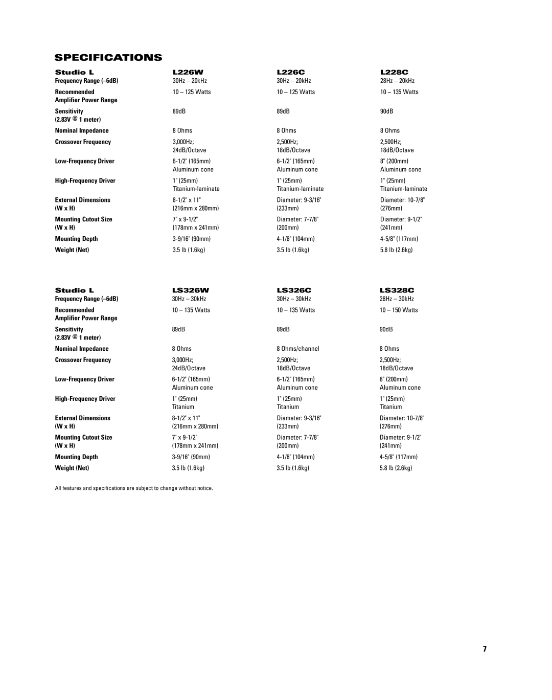 JBL LS326W, LS328C, LS326C, L226C, L226W, L228C manual Specifications 