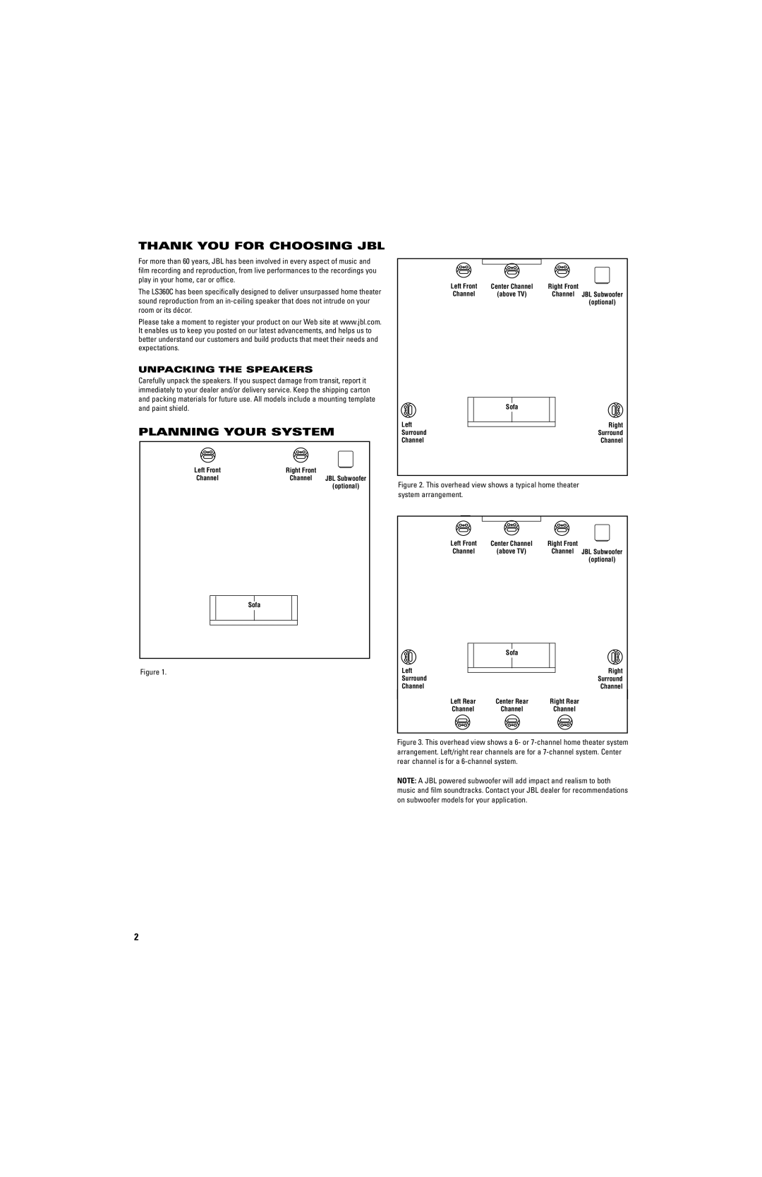 JBL LS360C manual Thank YOU for Choosing JBL, Planning Your System, Unpacking the Speakers 