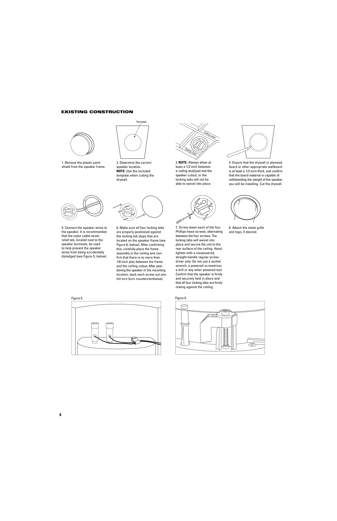 JBL LS360C manual Existing Construction, Drywall, Attach the metal grille and logo, if desired 