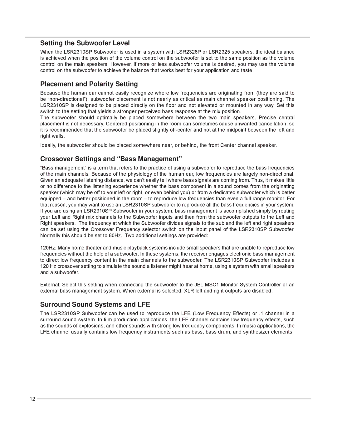 JBL LSR2328P Setting the Subwoofer Level, Placement and Polarity Setting, Crossover Settings and Bass Management 