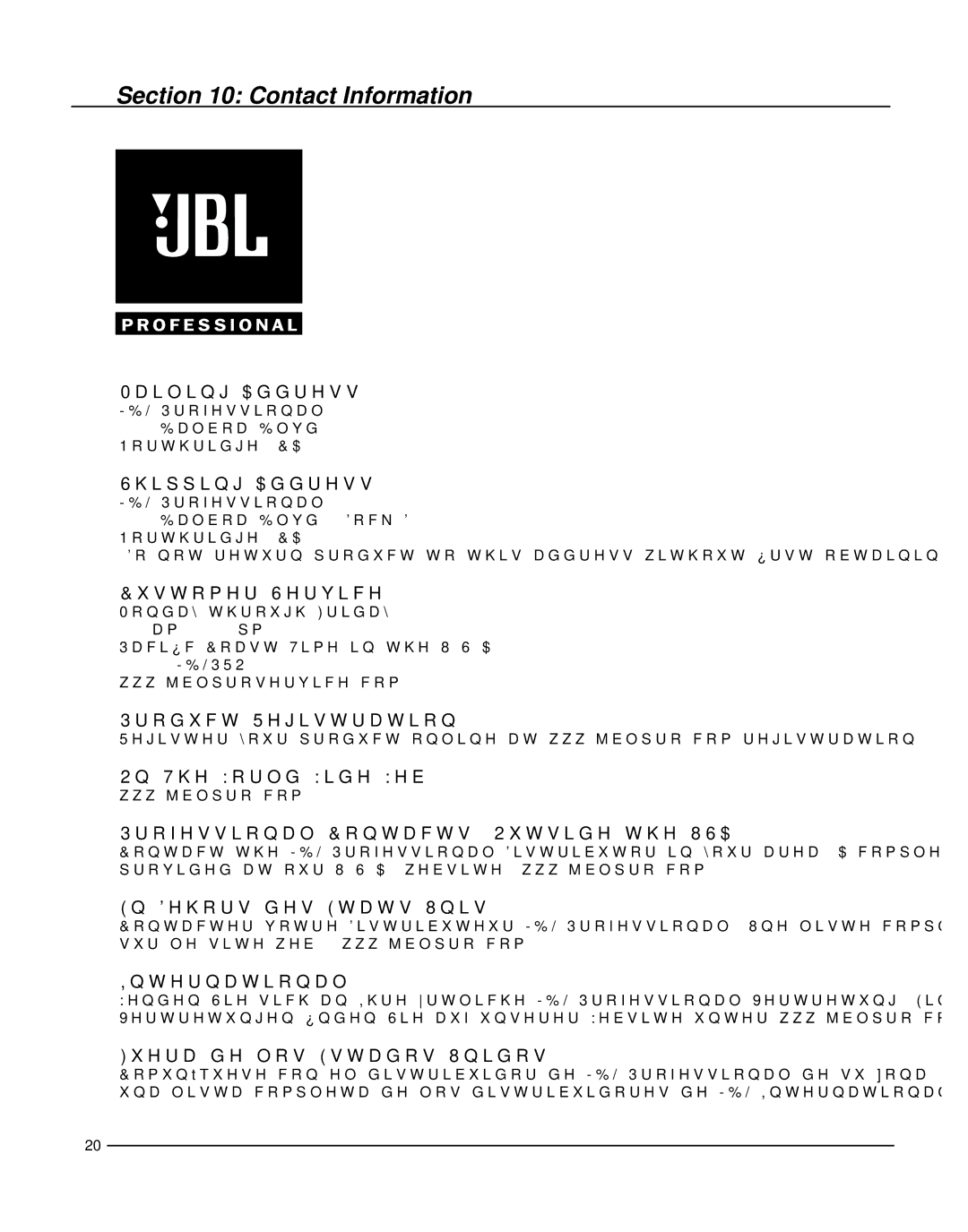 JBL LSR2328P owner manual Contact Information, Shipping Address 