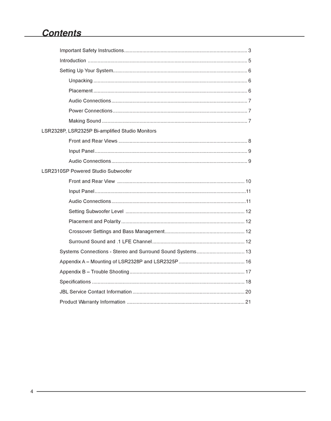 JBL LSR2328P owner manual Contents 